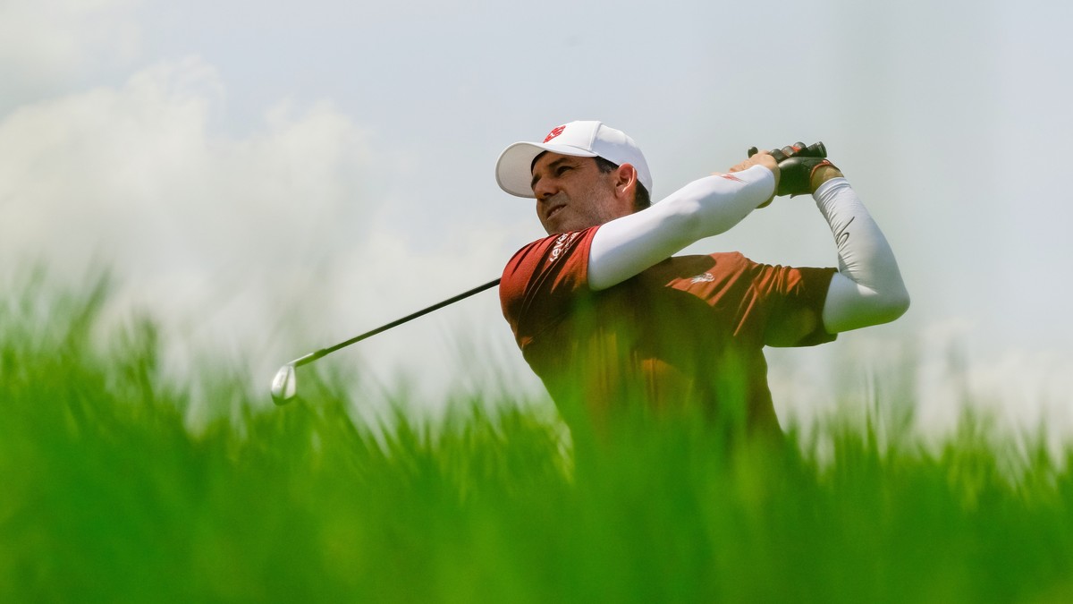 Captain Sergio Garcia, of Fireballs GC, hits from the 14th tee during the final round of LIV Golf Bedminster at Trump National Golf Club, Sunday, Aug. 9, 2026, in Bedminster, N.J. (Montana Pritchard/L ...