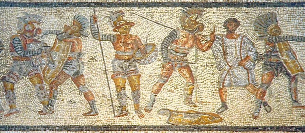 Gladiatoren aus dem Zliten-Mosaik, Libyen, ca. 200 n. Chr.
https://commons.wikimedia.org/wiki/File:Gladiators_from_the_Zliten_mosaic_3.JPG