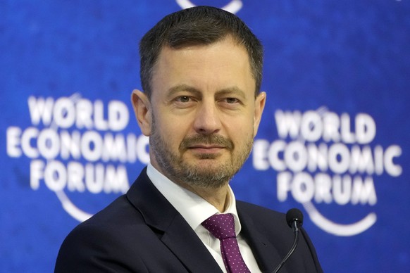 Eduard Heger, Prime Minister of the Slovak Republic, attends a panel session at the World Economic Forum in Davos, Switzerland, Wednesday, May 25, 2022. The annual meeting of the World Economic Forum is taking place in Davos from May 22 until May 26, 2022. (AP Photo/Markus Schreiber)