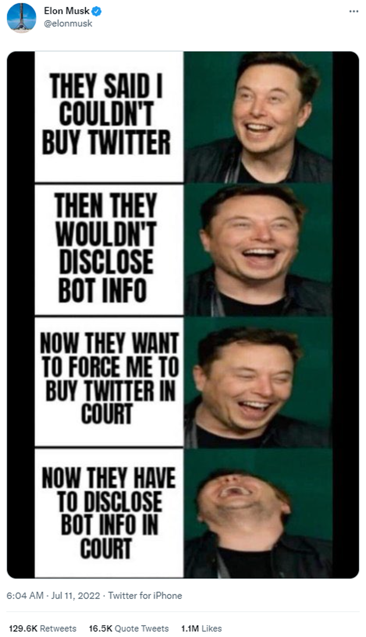 Tweet d'Elon Musk: Ils ont dit que je ne pouvais pas acheter Twitter. Ensuite, ils ne voulaient pas divulguer d'informations sur leurs algorithmes. Maintenant, ils veulent me forcer à achete ...
