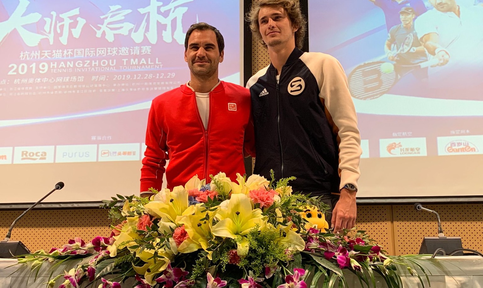 Federer und Zverev vor ihrem morgigen Duell in Hangzhou.