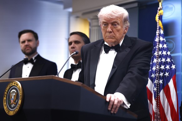 epa12914528 US President Donald Trump speaks to reporters in the White House Press Briefing Room after a shooting outside the Washington Hilton ballroom hosting the White House Correspondents Dinner  ...