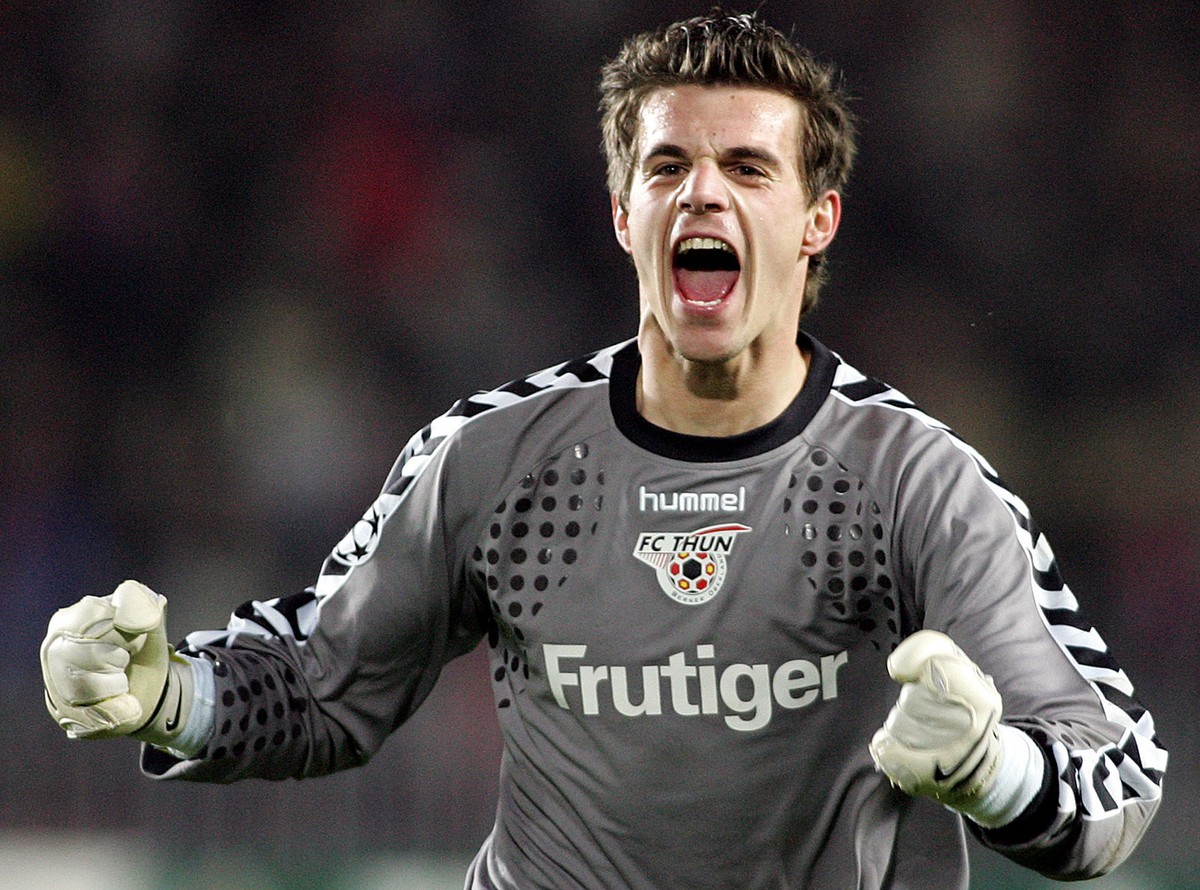 Eldin Jakupovic of FC Thun celebrates after the Group B UEFA Champions League soccer match between Czech team Sparta Prague and Swiss team FC Thun played in Prague, Czech Republic on Wednesday, Dec. 7 ...