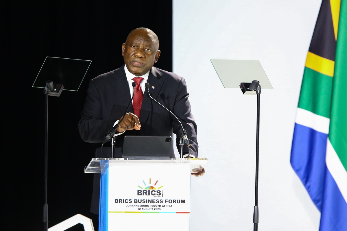 epa10813788 South African President Cyril Ramaphosa speaks during the 15th BRICS Summit, in Johannesburg, South Africa, 22 August 2023. South Africa is hosting the 15th BRICS Summit, (Brazil, Russia,  ...