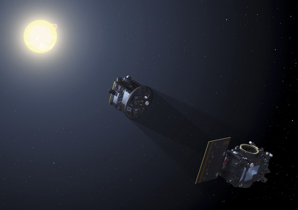 Darstellung der Satelliten der Proba-3 Mission der ESA, künstliche Sonnenfinsternis