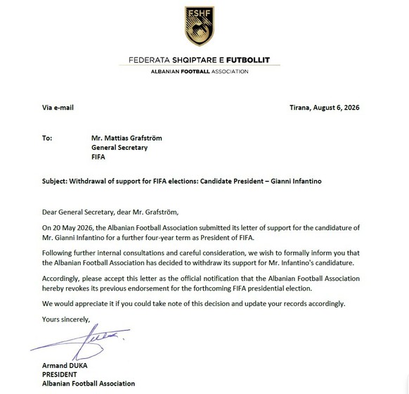 Albanischer Fussballverband entzieht Infantino die Unterstützung.