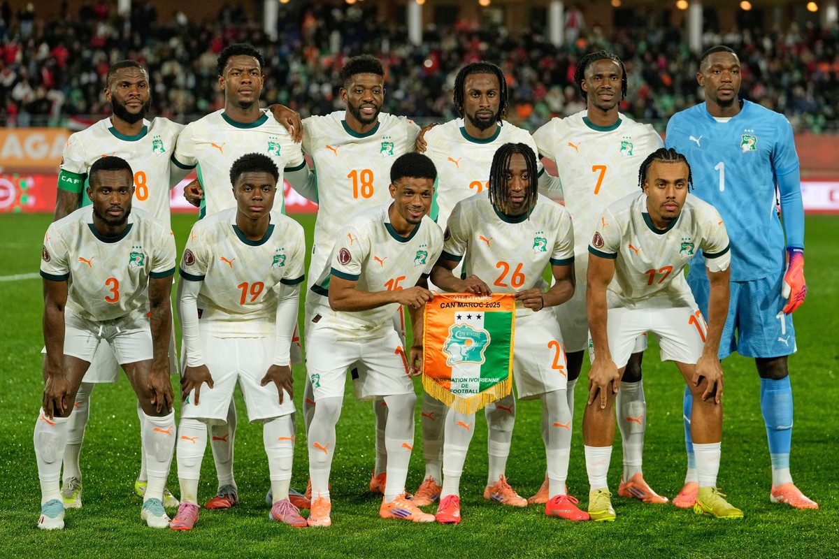 FILE - Ivory Coast players pose for a team photo ahead of the Africa Cup of Nations quarterfinal soccer match between Egypt and Ivory Coast, in Agadir, Morocco, Saturday, Jan. 10, 2026. (AP Photo/Mosa ...
