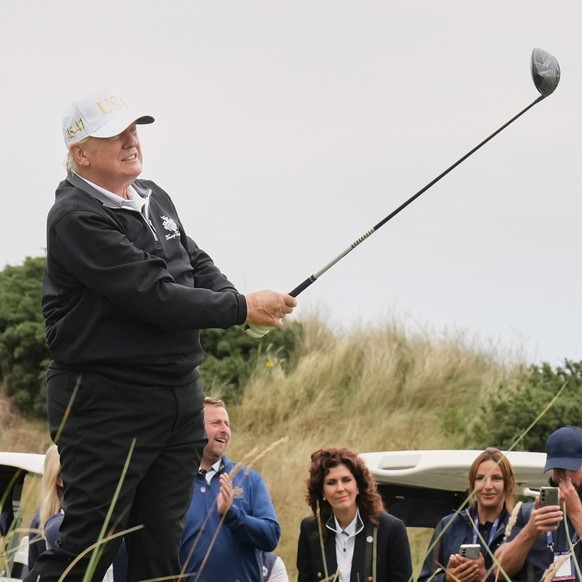 FILE - President Donald Trump tees off during the opening ceremony for the Trump International Golf Links golf course, near Aberdeen, Scotland, July 29, 2025. (AP Photo/Jacquelyn Martin, File)
Donald  ...