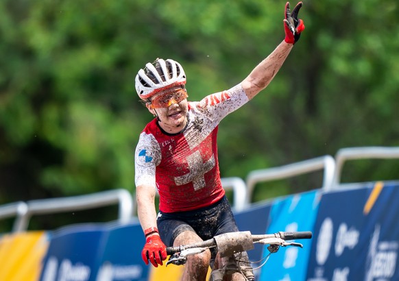 Sina Frei of Switzerland, crosses the finish line in 3rd position during the Mountainbike Women&#039;s Cross Country Competition of the 2023 European Championships Krakow, in Malopolska, Poland, on Su ...