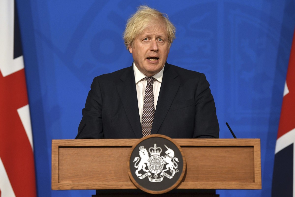 Britain's Prime Minister Boris Johnson speaks during a media briefing on coronavirus in Downing Street, London, Monday, July 5, 2021. Johnson on Monday confirmed plans to lift mask requirements a ...