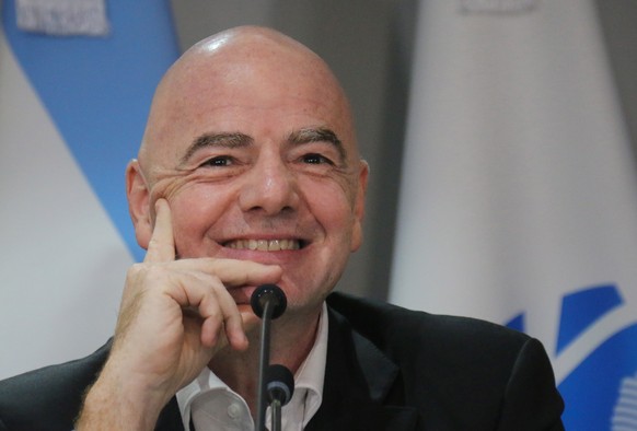 epa10551039 FIFA's president Gianni Infantino attends a press conference at the Conmebol headquarters in Luque, Paraguay, 30 March 2023. Argentina has presented its candidacy to host the U20 socc ...