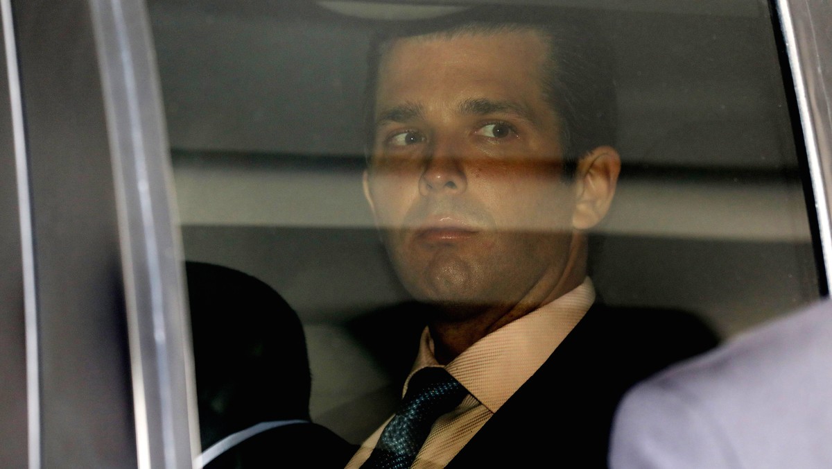epa06545101 US President Donald J. Trump's eldest son, Donald Trump Jr. leaves after a meeting in New Delhi, India, 20 February 2018. Trump Jr. is on an unofficial visit to India to promote his f ...