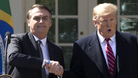 epa07448947 US President Donald J. Trump (R) and Brazilian President Jair Bolsonaro (L) shake hands at the conclusion of their joint news conference in the Rose Garden of the White House in Washington ...