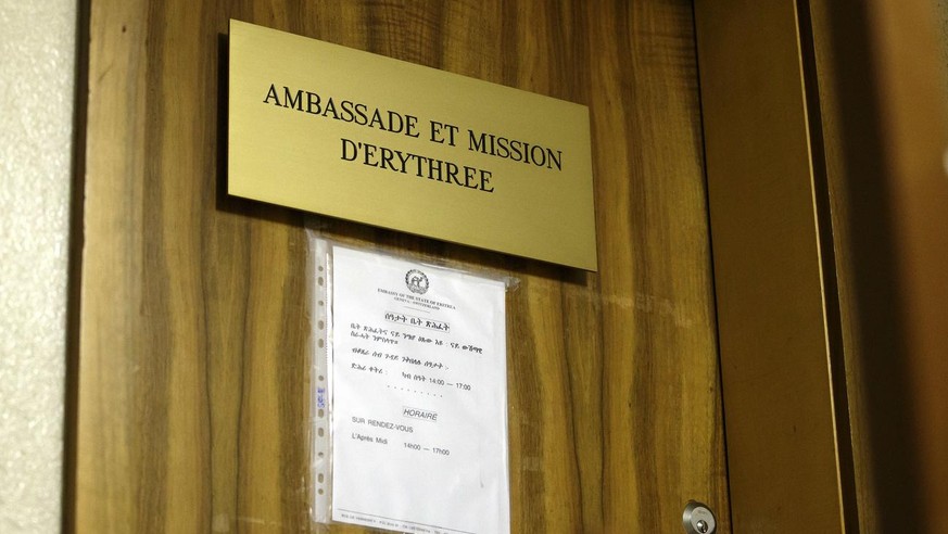 The door of the Embassy and Mission of Eritrea to the United Nations Office and other international organizations in Geneva is pictured, in Geneva, Switzerland, Wednesday, August 12, 2015. (KEYSTONE / Salvatore Di Nolfi)