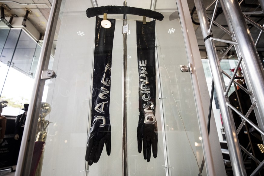 epa09190401 Janet Jackson's costumes and belongings are displayed during the preview of the auction 'Janet Jackson's Iconic Treasures' at Julien's auction in Beverly Hills, Ca ...