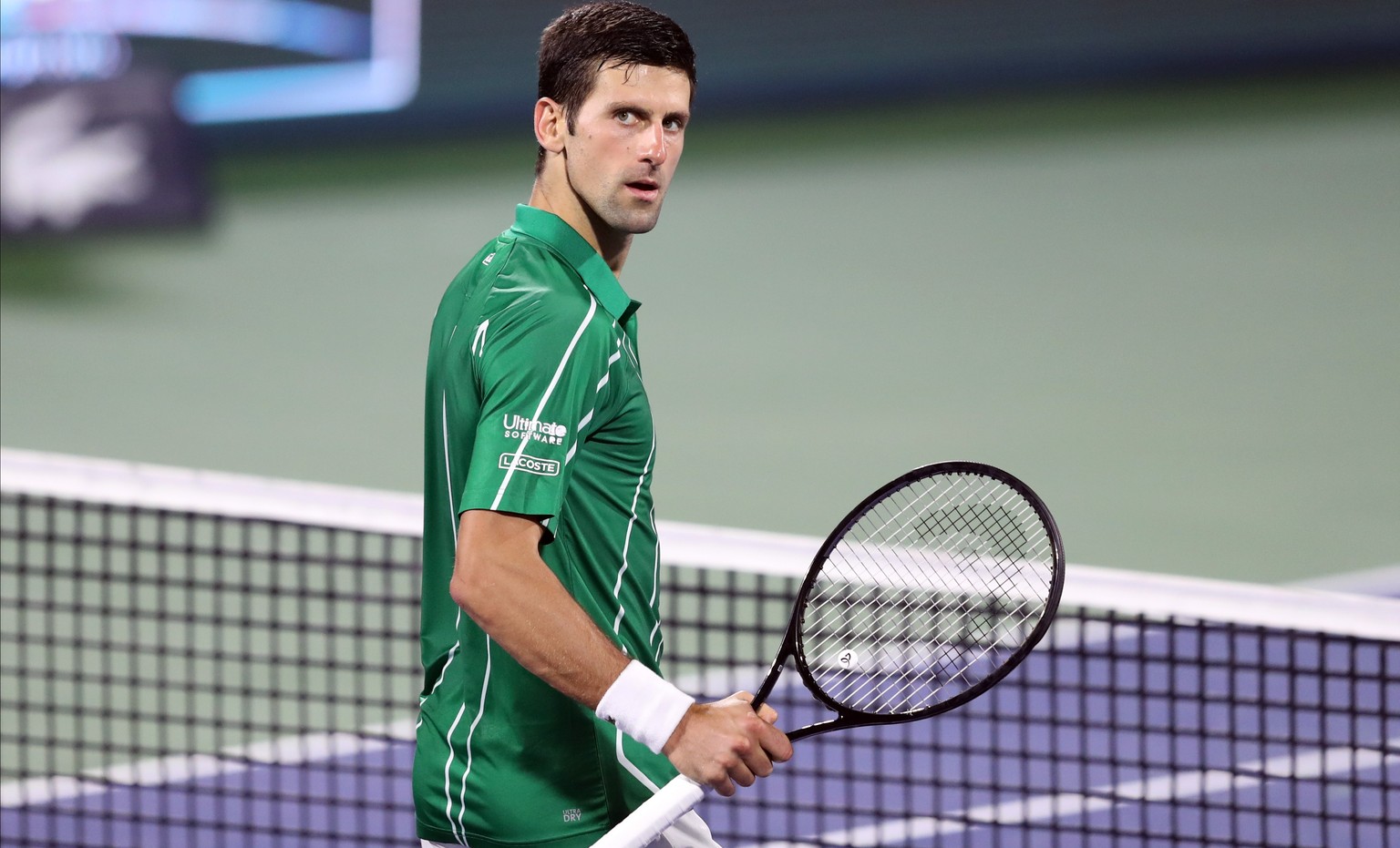 epa08256653 Novak Djokovic of Serbia reacts after winning his semifinal match against Gael Monfils of France at the Dubai Duty Free Tennis ATP Championships 2020 in Dubai, United Arab Emirates, 28 Feb ...