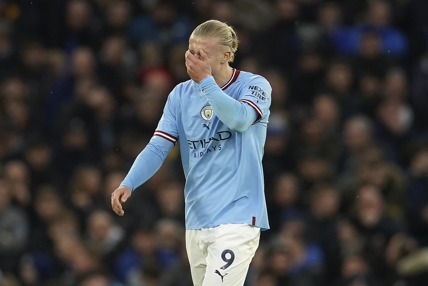 Manchester City&#039;s Erling Haaland celebrates after scoring the opening goal during the English Premier League soccer match between Manchester City and Everton at the Etihad Stadium in Manchester,  ...