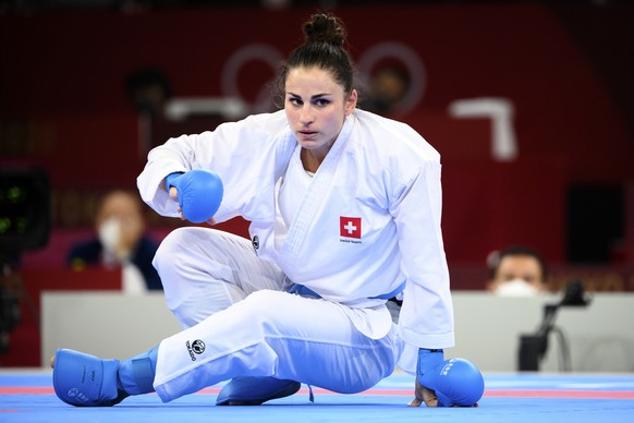 Elena Quirici of Switzerland reacts during the women&#039;s karate kumite +61kg fight against Hamideh Abbasali of the Islamic Republic of Iran at the 2020 Tokyo Summer Olympics in Tokyo, Japan, on Sat ...