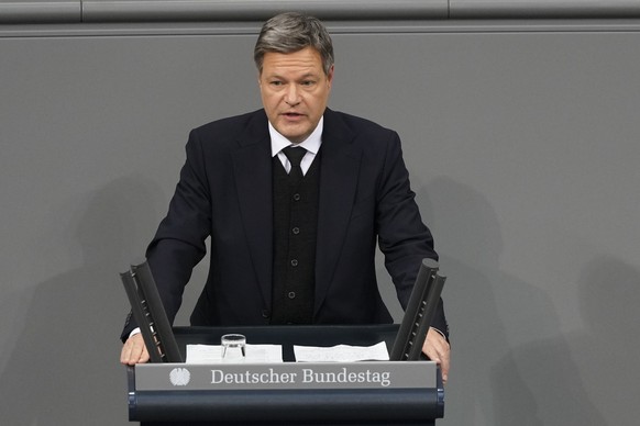 German Vice Chancellor Economy and Climate Minister and top candidate of the Green Party Robert Habeck speaks during a debate about migration the German parliament Bundestag in Berlin, Germany, Wednes ...