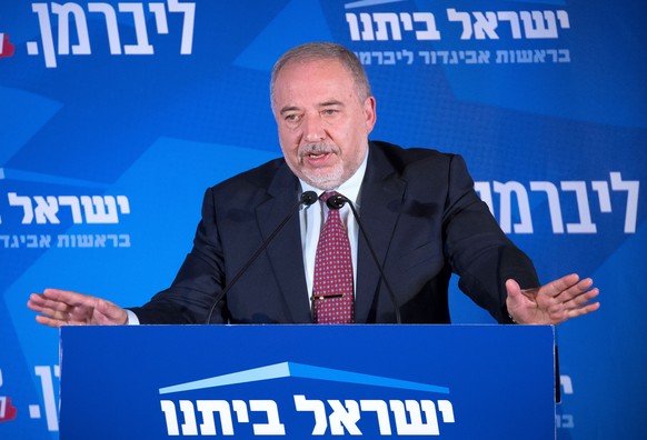 epa07849829 Avigdor Lieberman, leader of the Yisrael Beitenu party, speaks after early exit polls in the general election, during a rally with supporters in Jerusalem, Israel, 17 September 2019. Early ...