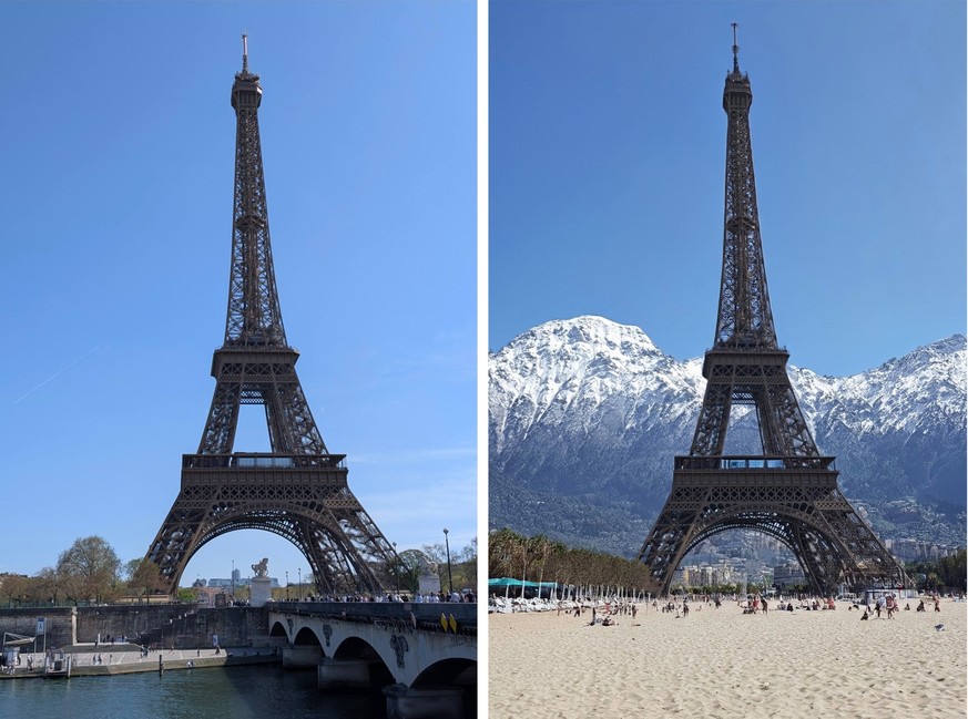 Mit der Anweisung «Füge im Vordergrund einen Strand und im Hintergrund hohe Berge ein» spuckt Googles KI dieses Foto aus.