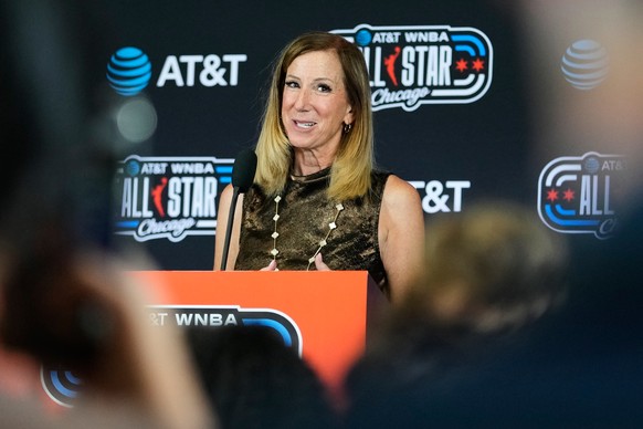 WNBA Commissioner Cathy Engelbert smiles as she talks to media at a news conference before a WNBA All-Star basketball game between Team Coop and Team Spoon in Chicago, Saturday, July 25, 2026. (AP Pho ...