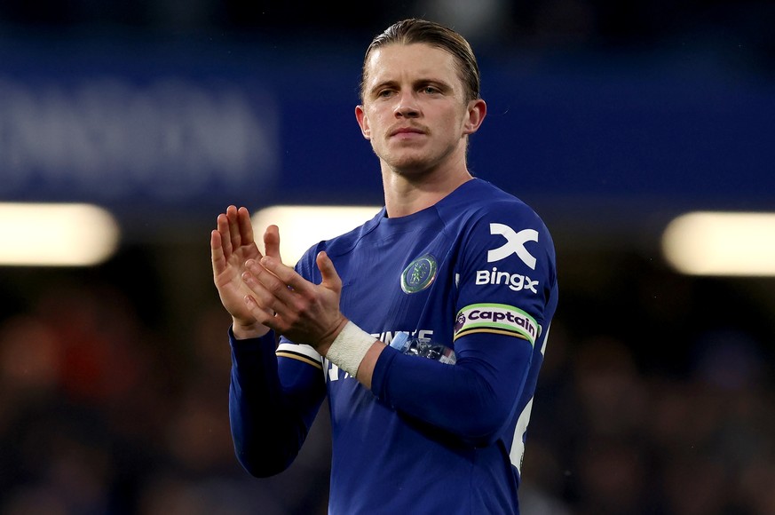 epa11315244 Conor Gallagher of Chelsea applauds fans after the English Premier League match between Chelsea and Tottenham Hotspur in London, Britain, 02 May 2024. Chelsea won 2-0. EPA/ANDY RAIN EDITOR ...