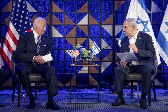 FILE - U.S. President Joe Biden, left, meets with Israeli Prime Minister Benjamin Netanyahu, right, to discuss the war between Israel and Hamas, in Tel Aviv, Israel, on October 1.  January 18, 2023. US and Central...