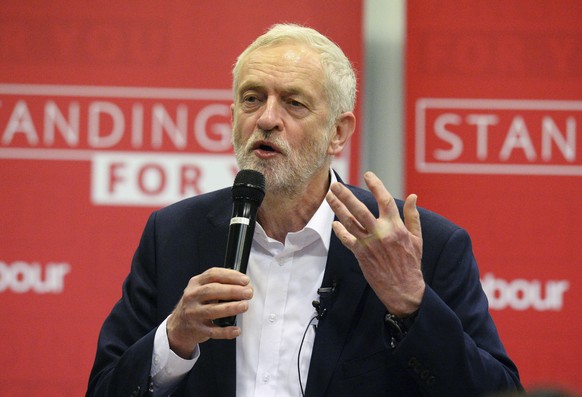 Britain&#039;s Labour leader Jeremy Corbyn speaks at a meeting about social care in Birmingham central England Tuesday April 18, 2017. ﻿ In a shock announcement, Britain&#039;s Prime Minister Theresa  ...