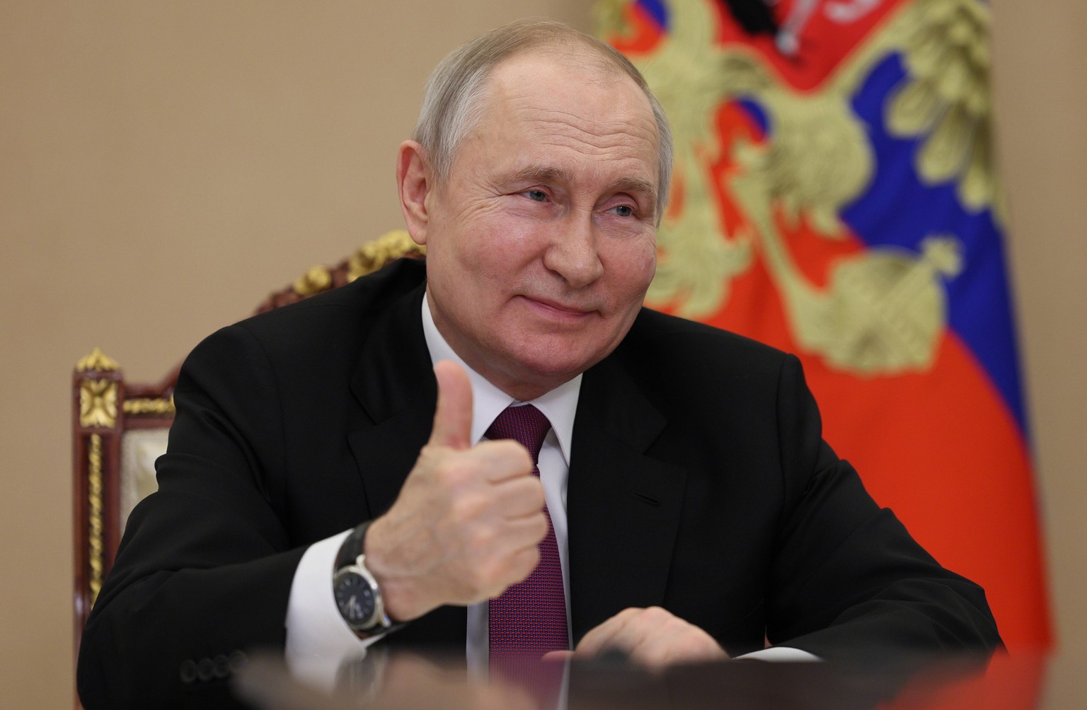 epa10667473 Russian President Vladimir Putin attends a meeting with families awarded Orders of Parental Glory via teleconference call at Kremlin in Moscow, Russia, 01 June 2023. Children&#039;s Day is ...