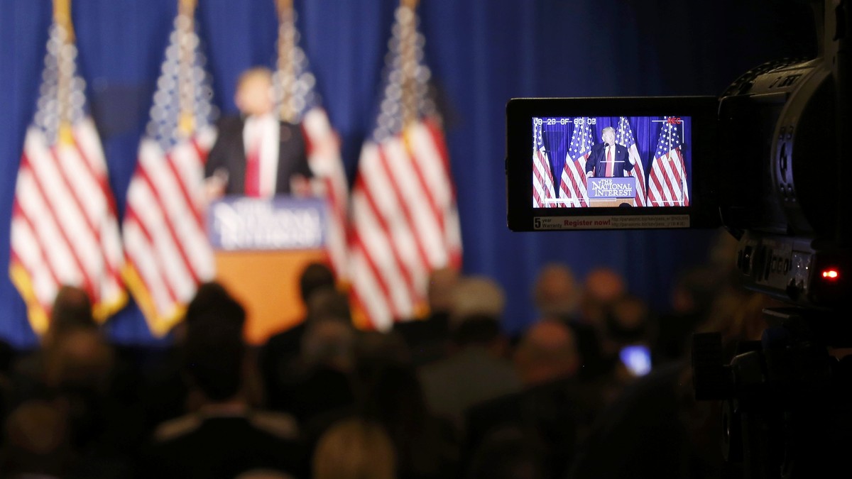 Republican U.S. presidential candidate Donald Trump's image is seen on a television camera viewing screen while delivering a foreign policy speech at the Mayflower Hotel in Washington, US April 2 ...