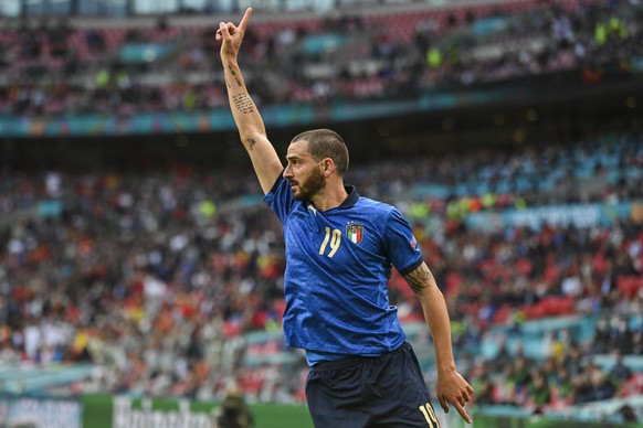 Italy's Leonardo Bonucci gestures during the Euro 2020 soccer championship semifinal match between Italy and Spain at Wembley stadium in London, England, Tuesday, July 6, 2021. (Justin Tallis/Poo ...