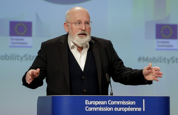 European Commissioner for European Green Deal Frans Timmermans speaks during a media conference regarding sustainable mobility at EU headquarters in Brussels, Wednesday, Dec. 9, 2020. (Stephanie Lecoc ...