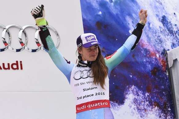 MERIBEL, FRANCE - MARCH 21: (FRANCE OUT) Tina Maze of Slovenia takes 3rd place in the overall Slalom World Cup during the Audi FIS Alpine Ski World Cup Finals Women&#039;s Slalom on March 21, 2015 in  ...