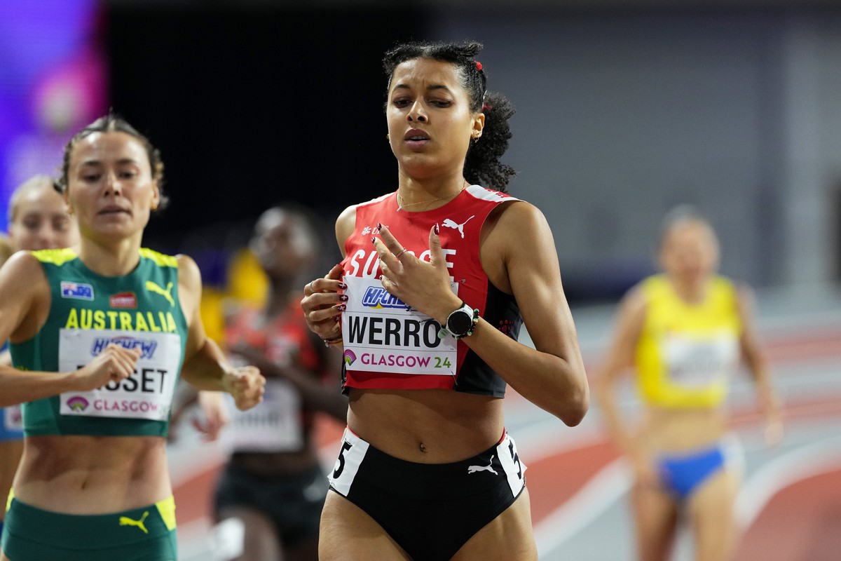 Audrey Werro, of Switzerland, competes in a women's 800 meters heat during the World Athletics Indoor Championships at the Emirates Arena in Glasgow, Scotland, Friday, March 1, 2024. (AP Photo/Pe ...