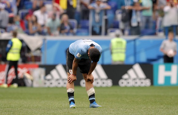 Uruguay&#039;s Luis Suarez reacts at the end of the quarterfinal match between Uruguay and France at the 2018 soccer World Cup in the Nizhny Novgorod Stadium, in Nizhny Novgorod, Russia, Friday, July  ...