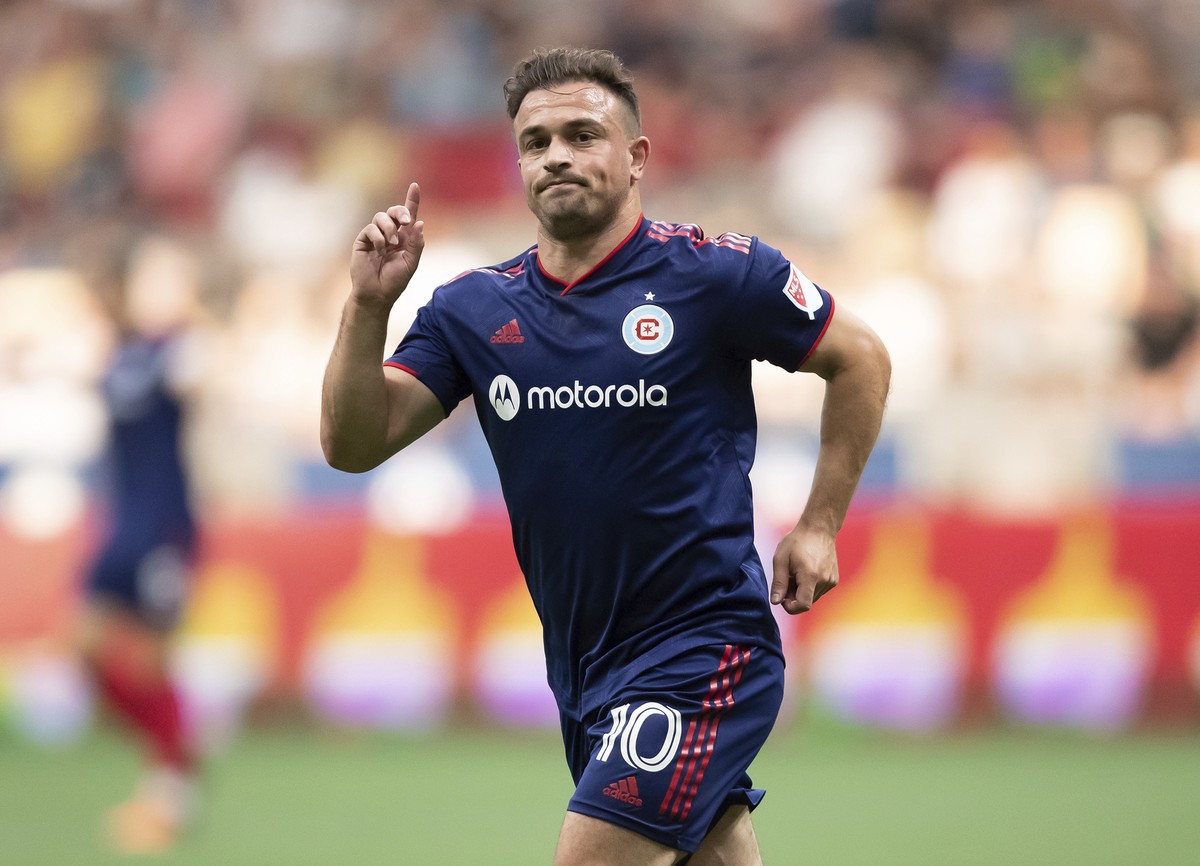 Chicago Fire's Xherdan Shaqiri celebrates his goal against the Vancouver Whitecaps during the first half of an MLS soccer match Saturday, July 23, 2022, in Vancouver, British Columbia. (Darryl Dy ...