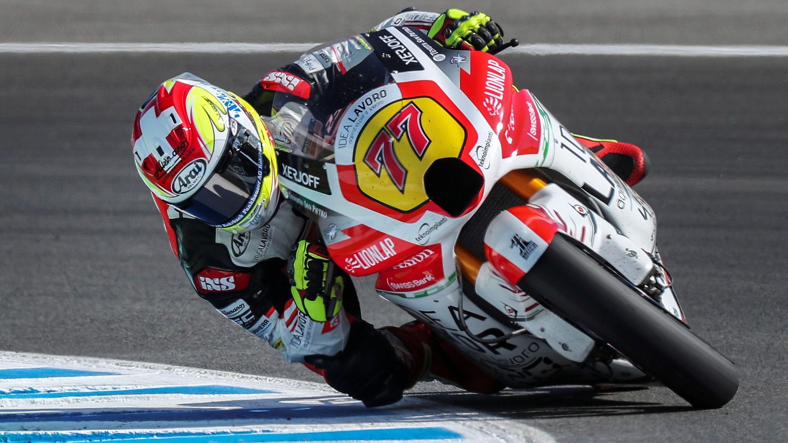 epa07544639 Swiss Moto2 rider Dominique Aegerter of MV Augusta Idealavoro Foward in action during the free practice session of the Motorcycling Grand Prix of Spain 2019 at the Jerez racetrack in Jerez ...