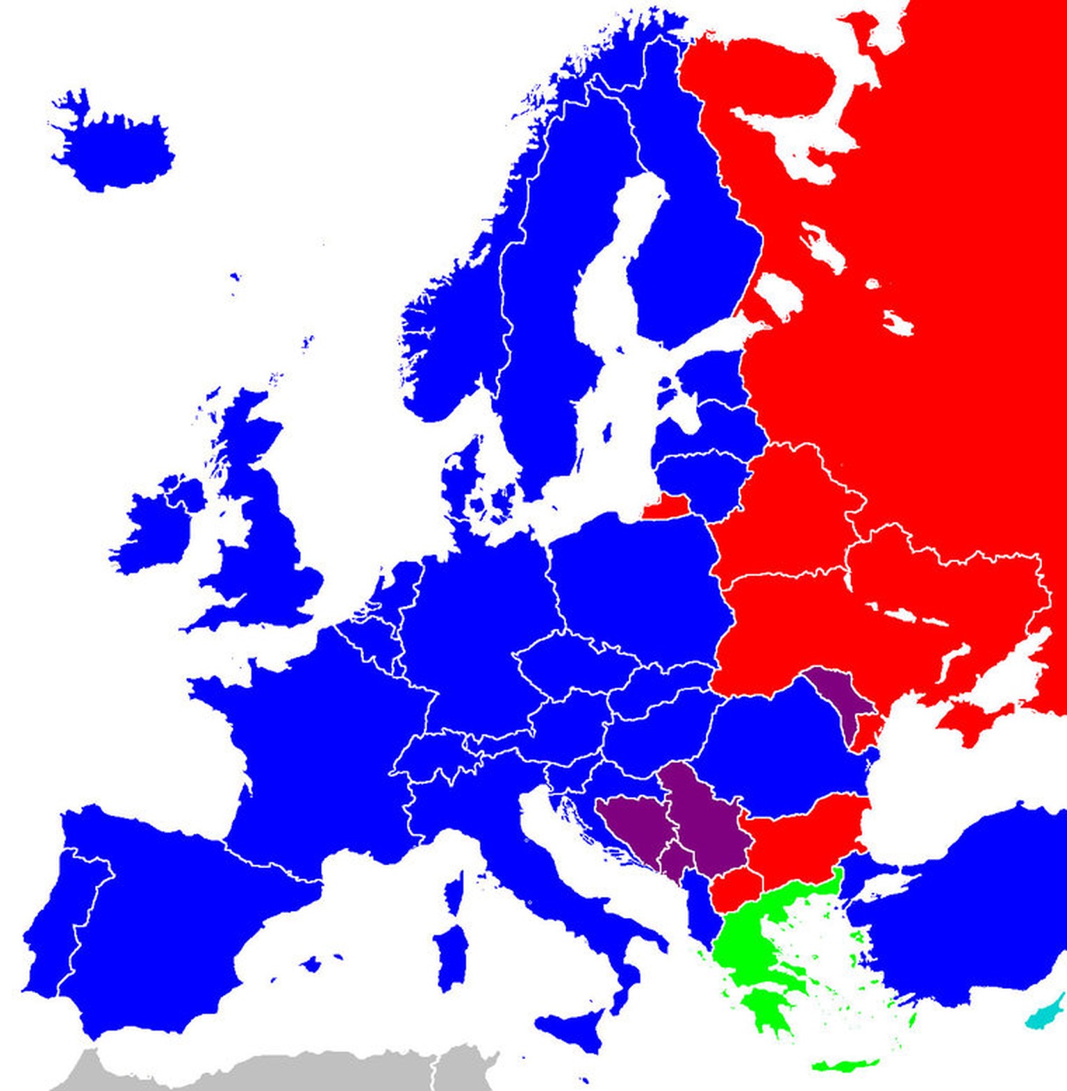 In Europa gibt es das lateinische (blau), kyrillische (rot) und griechische (grün) Alphabet sowie Gebiete, wo zwei Alphabete (lila)&nbsp;genutzt werden.