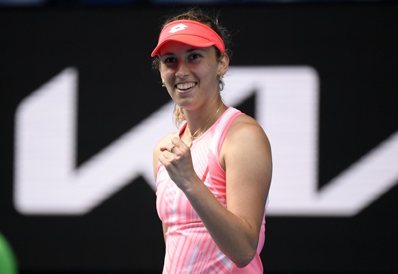 Belgium&#039;s Elise Mertens celebrates after defeating Switzerland&#039;s Belinda Bencic in their third round match at the Australian Open tennis championship in Melbourne, Australia, Saturday, Feb.  ...