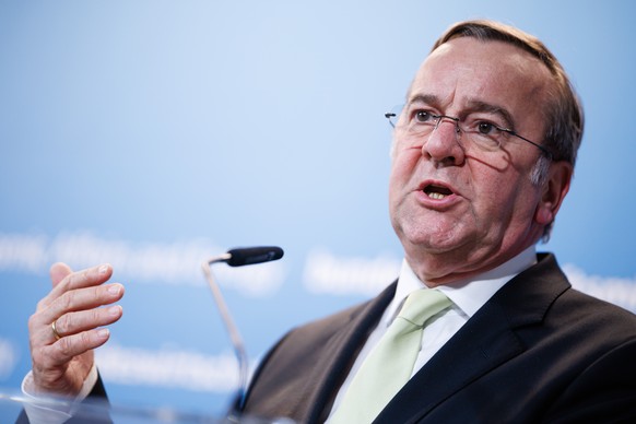 epa12833494 German Defense Minister Boris Pistorius speaks during a press statement at the German Economy Ministry in Berlin, Germany, 19 March 2026. The statement was held about an industry dialogue  ...