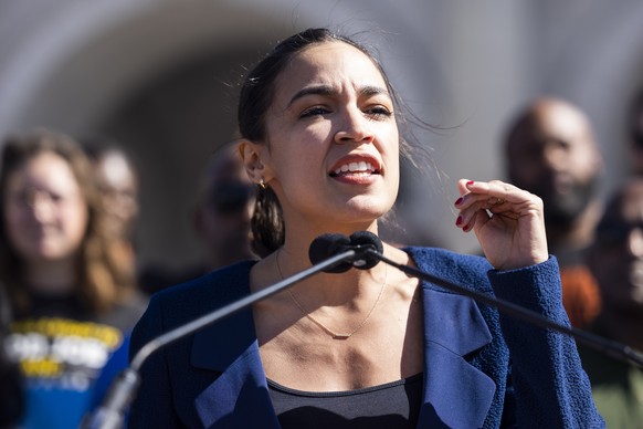 epa09276660 Democratic Representative from New York Alexandria Ocasio-Cortez speaks in front of Union Station to call for ?increasing federal funding for high-speed rail in the upcoming infrastructure ...