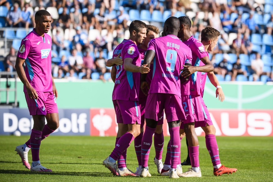 13.09.2020, xkvx, Fussball DFB Pokal 1.Runde, Chemnitzer FC - TSG 1899 Hoffenheim emspor, v.l. Torjubel, Goal celebration, celebrate the goal zum 0:1 durch Andrej Kramaric TSG 1899 Hoffenheim DFL/DFB  ...