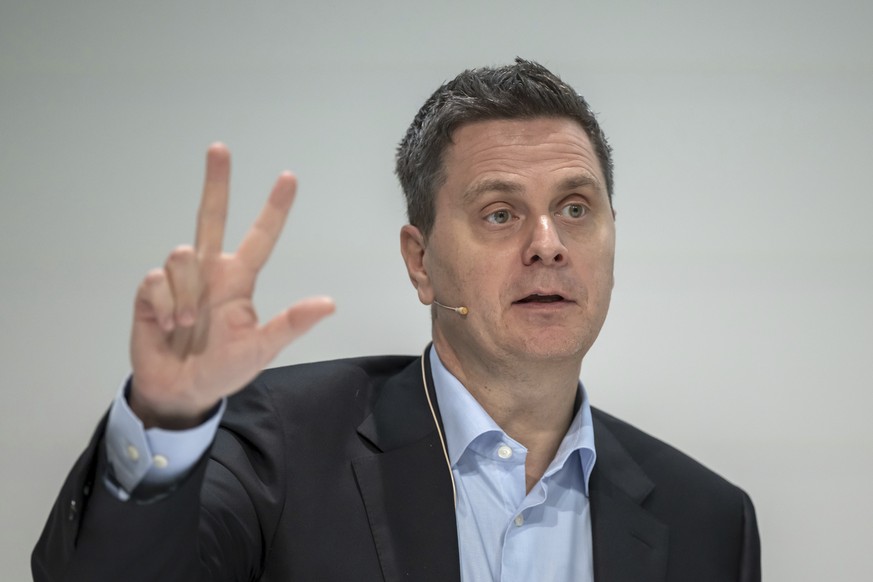 Thomas Schinecker, CEO Roche Group, speaks during the 2024 full-year results media conference of pharmaceutical company Roche in Basel, Switzerland, on Thursday, Jan. 30, 2025. (Georgios Kefalas/Keyst ...