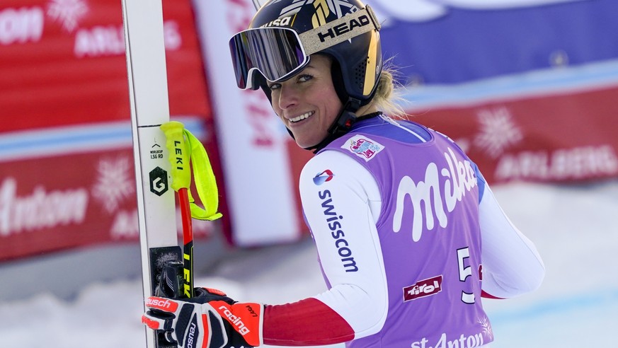 Switzerland&#039;s Lara Gut-Behrami smiles at the end of an alpine ski, women&#039;s World Cup super-G in St. Anton, Austria, Sunday, Jan.10, 2021. (AP Photo/Giovanni Auletta)