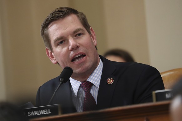 FILE - Representative Eric Swalwell, D-Calif., speaks to the House Intelligence Committee on Capitol Hill in Washington, November 15, 2019, during President Donald Trump's second public impeachment hearing...