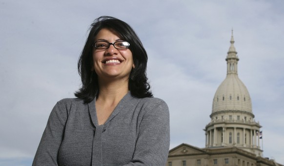 FILE - In this Nov. 6, 2008 file photo, Rashida Tlaib, a Democrat, is photographed outside the Michigan Capitol in Lansing, Mich. The Michigan primary victory of Tlaib, who is expected to become the f ...