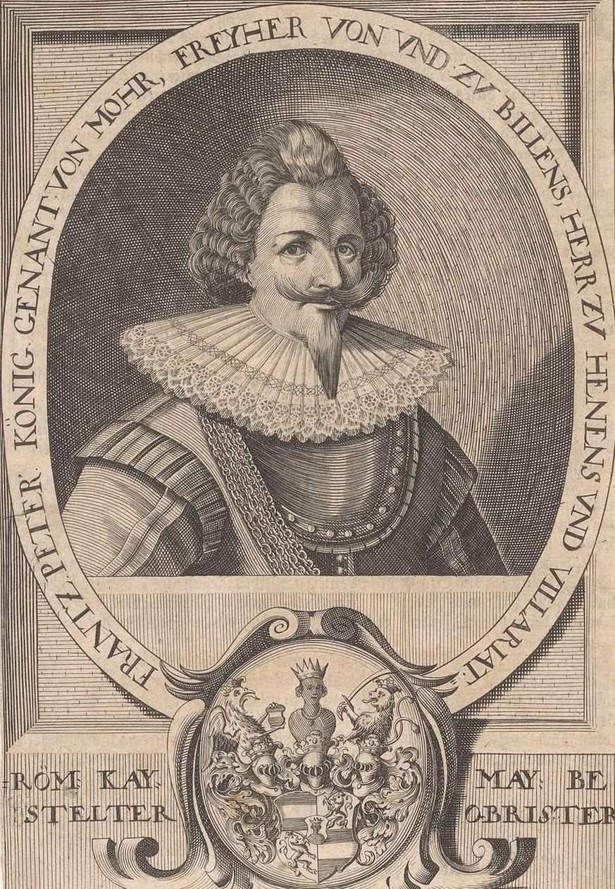 Kupferstich von Franz Peter König, wahrscheinlich von David Custos hergestellt, um 1630.
https://commons.wikimedia.org/wiki/File:Portret_van_Fran%C3%A7ois_Pierre_K%C3%B6nig_Frantz_Peter_K%C3%B6nig_gen ...