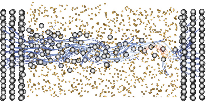 Numerische Simulation eines CBRAM-Speichers auf atomarer Ebene bei einer Spannung von einem Millivolt; Elektronenbahnen (blaue und rote Linien); Kupferatome (grau), Silizium- und Sauerstoffatome (oran ...