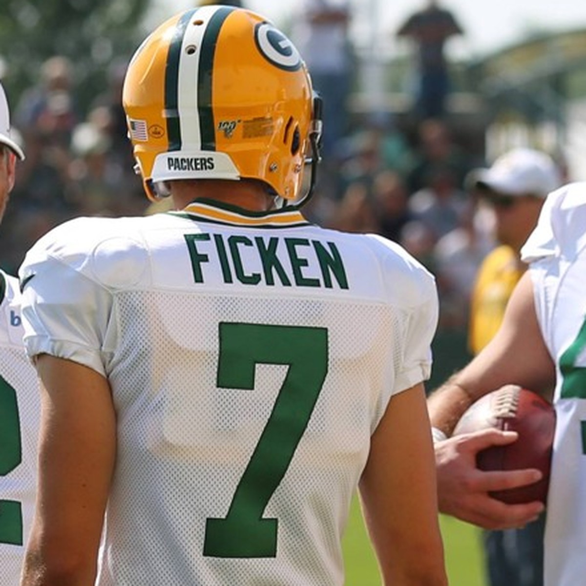 ASHWAUBENON, WI - JULY 27: The Green Bay Packers special team core (Green Bay Packers kicker Sam Ficken (7), Green Bay Packers punter JK Scott (6), Green Bay Packers kicker Mason Crosby (2), and Green ...
